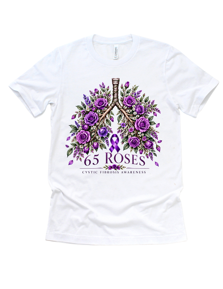 White 65 Roses cystic fibrosis awareness T-shirt with purple roses surrounding illustrated lungs