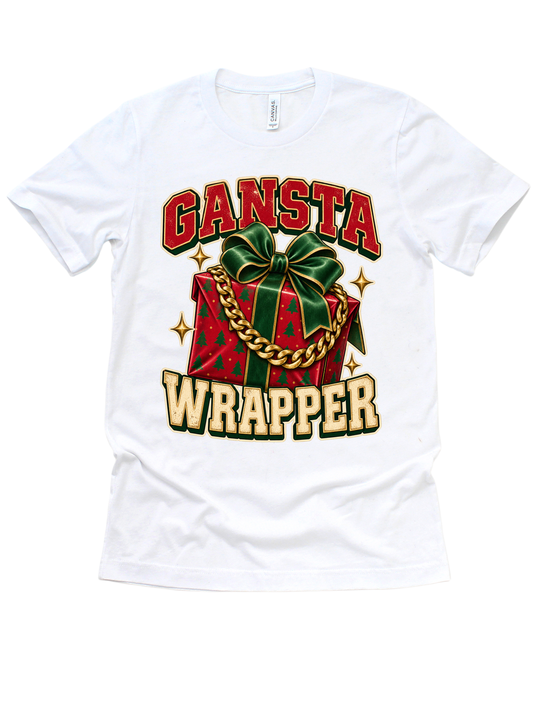 Gangsta Wrapper Christmas design on a white adult T-shirt