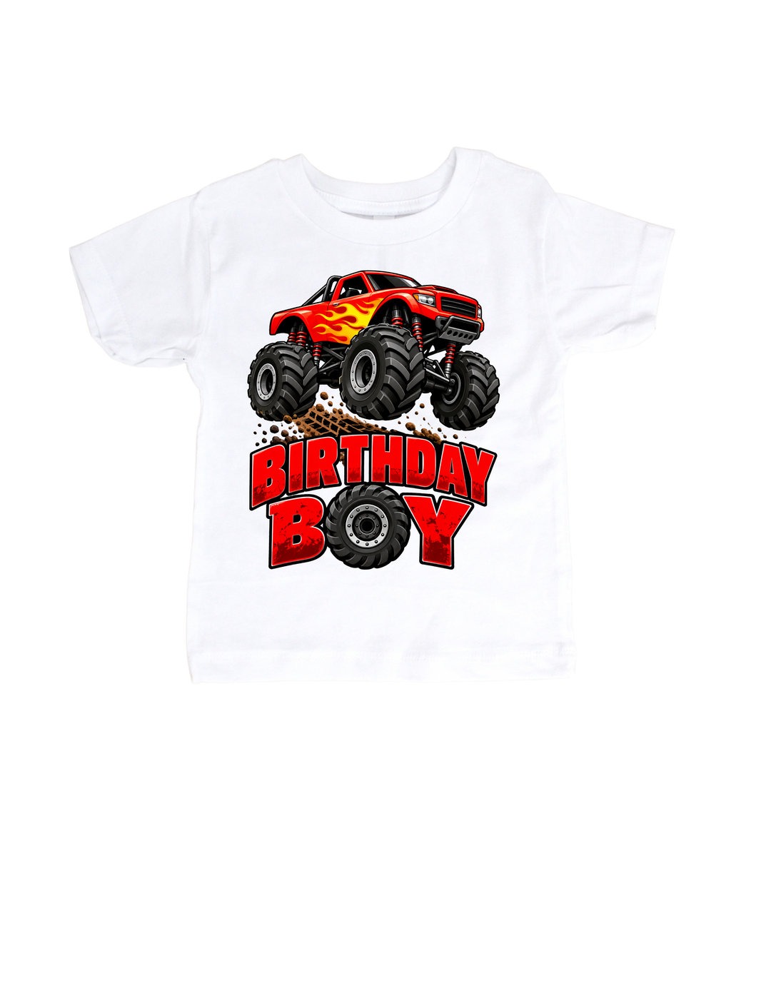 Monster Truck Birthday Boy design on a white kids’ T-shirt
