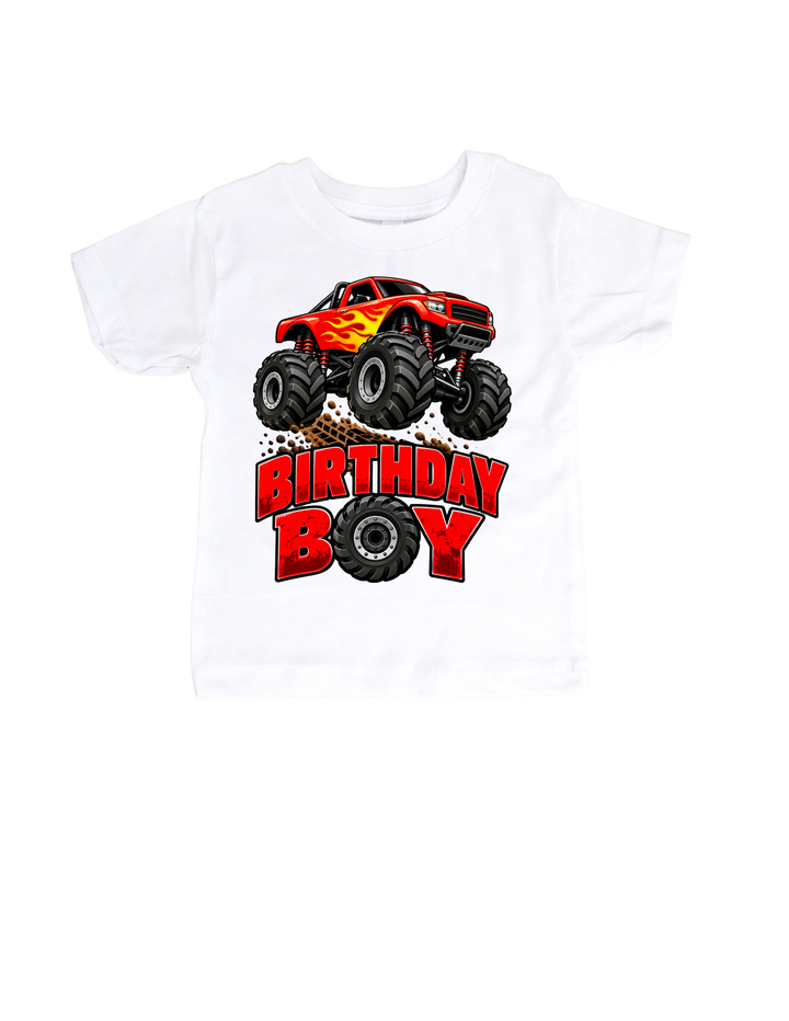 Monster Truck Birthday Boy design on a white kids’ T-shirt