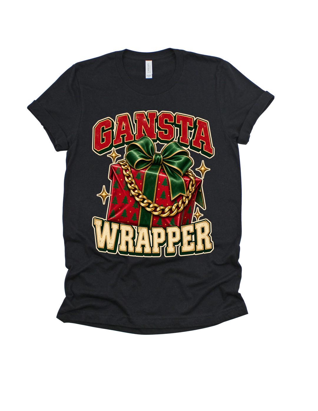 Gangsta Wrapper Christmas design on a black adult T-shirt