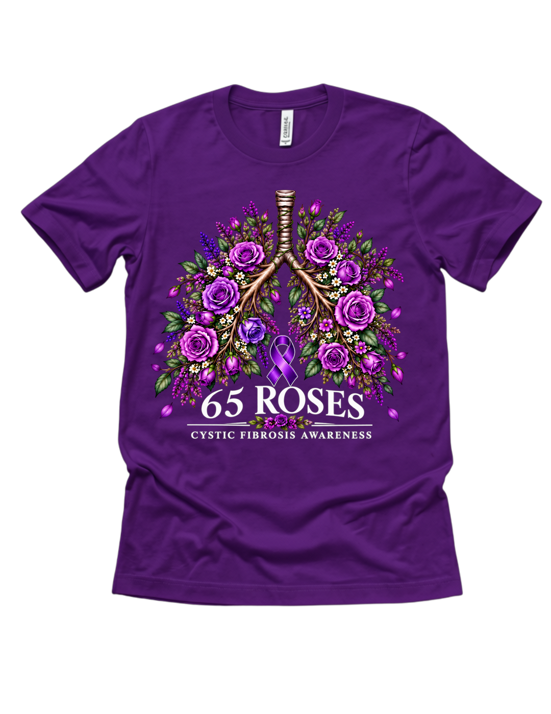 Purple 65 Roses cystic fibrosis awareness T-shirt with purple roses surrounding illustrated lungs